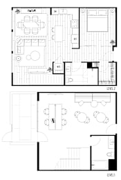 A black and white floor plan of a two-level home.